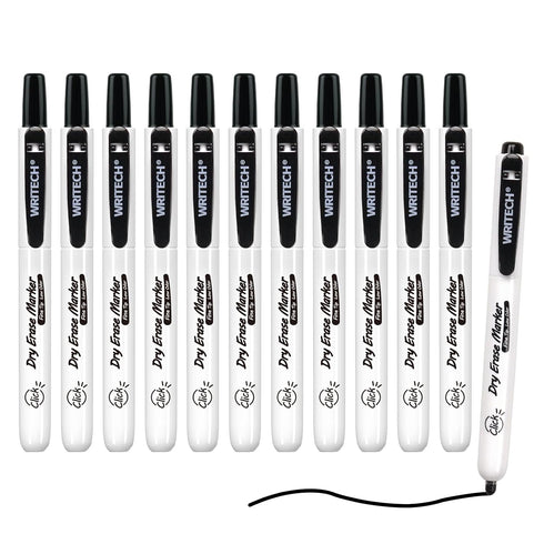 WRITECH Retractable Dry Erase Markers, 12ct Fine Point Clickable Black Ink, Low Odor Erasable Marker Set