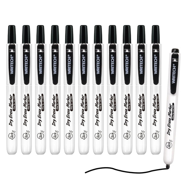 WRITECH Retractable Dry Erase Markers, 12ct Fine Point Clickable Black Ink, Low Odor Erasable Marker Set