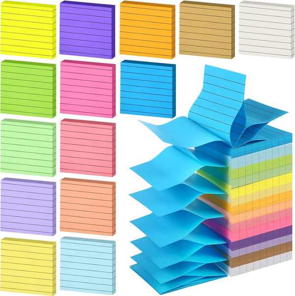 Pop Up Sticky Notes, Colored Lined 3x3 Inch Refills, Self-Stick Ruled Memo Pads for School Office Supplies (14 Pads)