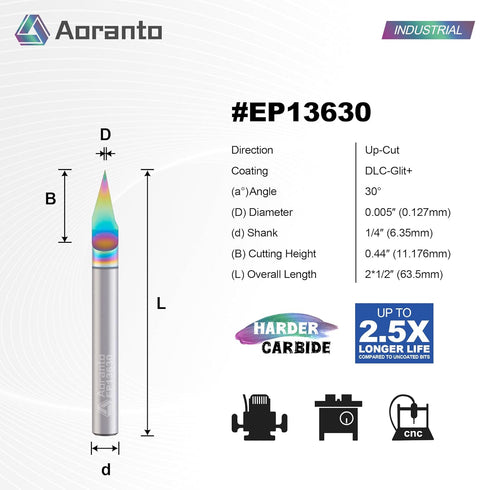 EP13630 30-Degree 1/4" 0.005" Signmaking Engraving Router Bits Shank Tip, Industrial Quality Extra Long Life Coating