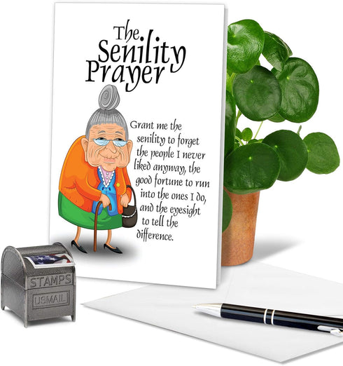 NobleWorks Funny Happy Birthday Note Card with Envelope, 4.63 x 6.75 Inch - Bday Greeting Card for Women, Senility