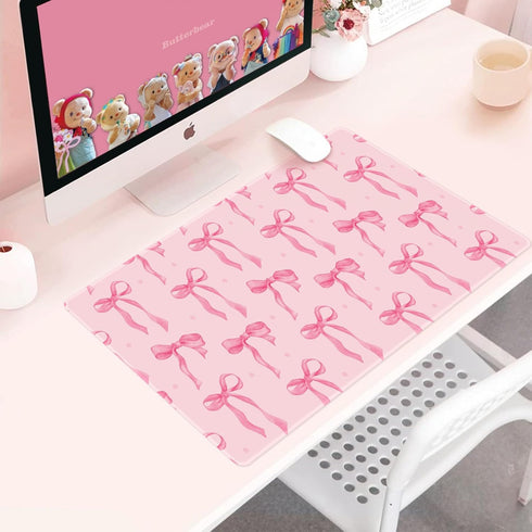 Wirfray 23.6" 11.8" Pink Mouse Pad, Pink Desk Mat Bows Laptop Pad Computer Mat, Gaming Keyboard and Mouse Pad Non-Slip