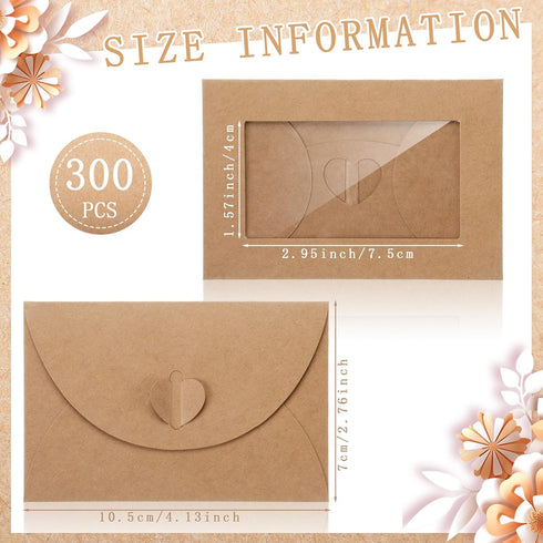Uiifan 300 Pcs Window Gift Card Envelopes, 4 x 2.8 Inch Mini Envelopes with Heart Shaped Clasp for Gifts
