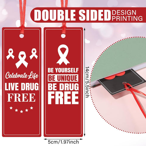 Qilery 120 Pcs Red Ribbon Week Drug Free Bookmarks, Awareness Bookmarks with Ribbon for Charity Event
