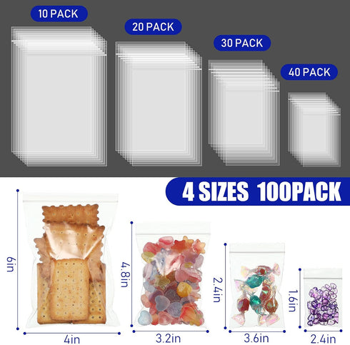 4 Sizes 100 Pack Clear Reclosable Zipper Storage Bags - Resealable Lock Seal Zipper for Jewelry and Vitamins