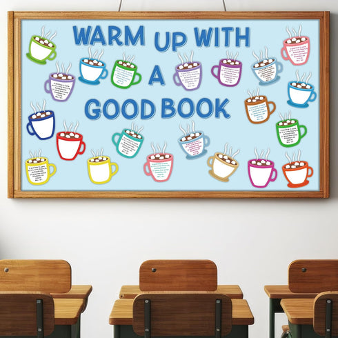 Winter Bulletin Board Set, Hot Cocoa Marshmallow Classroom Decoration, Warm Up with a Good Book Paper Cutouts for DIY