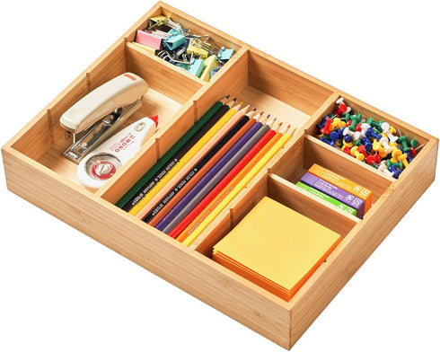 Umilife Bamboo Wood Desk Drawer Organizer Tray with Adjustable Compartments, Office Desk Accessories Storage
