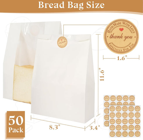 13.7x8.3x3.5in 50 Pack Aimyoo Homemade Sourdough Bread Bags, White Bakery Bags with Window & Seal Stickers