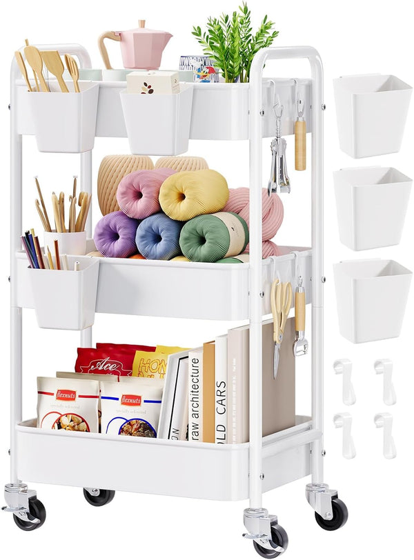 Aofure 3 Tier Rolling Cart Metal with Wheels, White Three Tiered Craft Cart