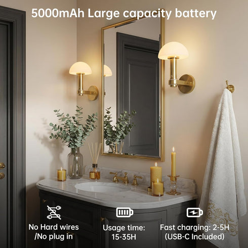 Set 2, 5000mAh 2 Dimmable Bulbs 3 Battery Operated Wall Sconce of Rechargeable Wireless Wall Lights with and Remote