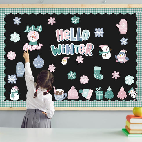 Pasimy Winter Bulletin Board Decorations, Hello Winter Cutouts Set for Christmas Holiday Party Decor