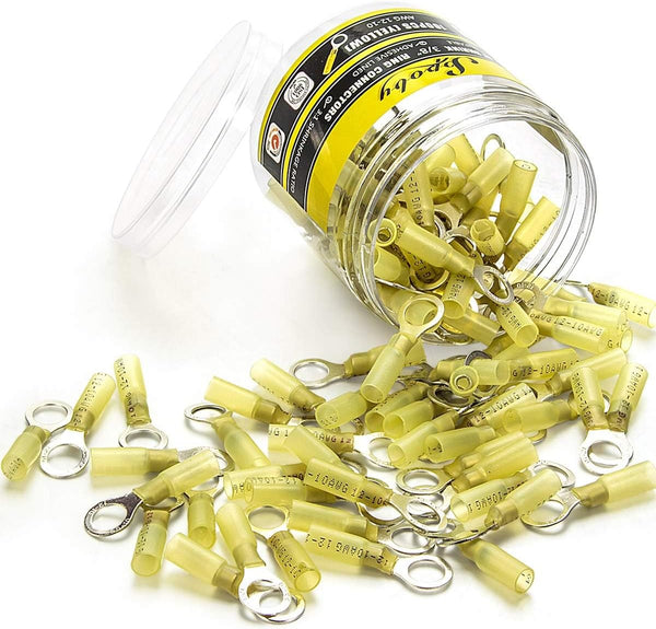 Sopoby 100PCS Heat Shrink Ring Connectors, 3/8" Yellow, 12-10 AWG, Electrical Crimp Connectors