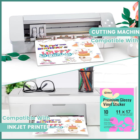 Uinkit Premium Vinyl Sticker Paper, 11x17 inch Glossy White, 10 Sheets, Waterproof Vivid Colors