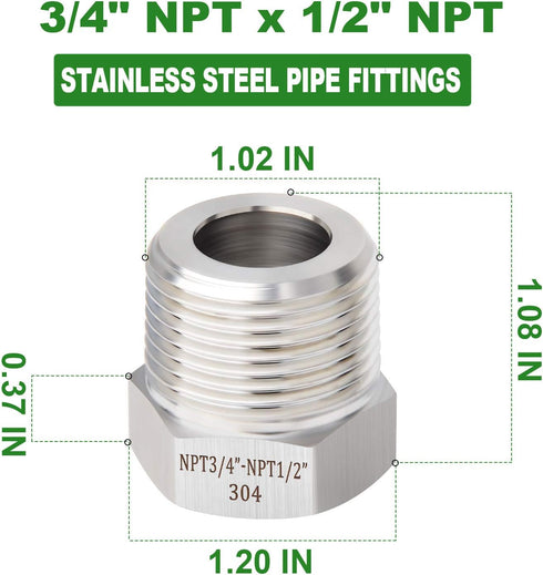TAISHER 5PCS Forging of 304 Stainless Steel Reducer Hex Bushing, 3/4" Male NPT to 1/2" Female NPT, Reducing Forging