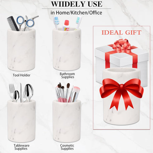 WORHE Natural Marble Pencil Pen Holder, Handcrafted White Marble Desk Organizer for Office Supplies, Makeup Brush Holder