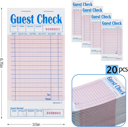 Rcybeo (20 Pack) 50 1000 Guest Check Pads Numbered Server Note Pads, Waitress Order Notepad, Food Receipt Book, Checks