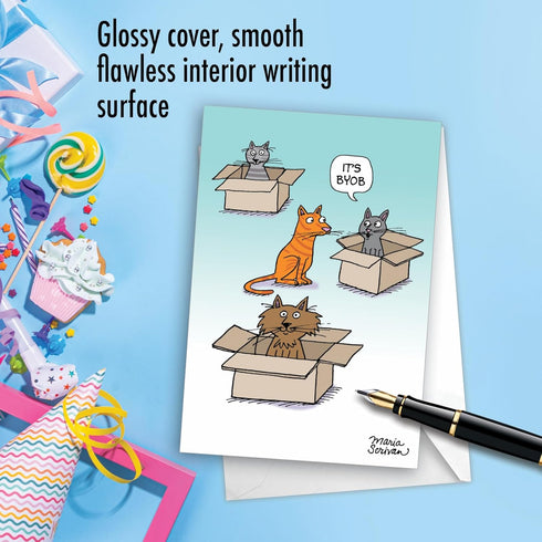NobleWorks 1 Happy Birthday Cartoon Greeting Card, Funny Notecard with Envelope, Comic Stationery - Bring Your Own Box