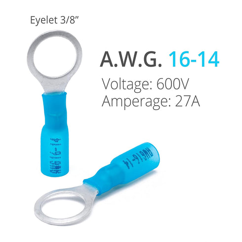 Wirefy 130 PCS Heat Shrink Ring Terminals 3/8" - Blue Eyelet Wire Connectors for 16-14 AWG