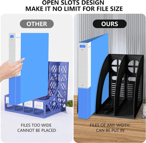 Marte Vanci 2 Pcs Magazine File Holder, Black Plastic Desktop Organizer, Sturdy Vertical 3 Section Folder