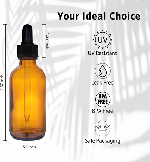 48 Pack 2oz Amber Glass Bottles with Eye Droppers for Essential Oils, Perfumes & Lab Chemicals
