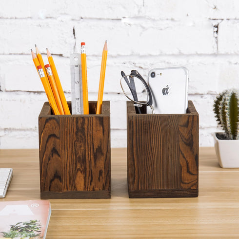 MyGift Set of 2 Natural Grain Wood Desktop Pen Holder, Pencil Holder Cup, Office Desk Organizer