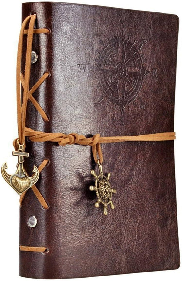 EvZ Leather Writing Journal Notebook, 7 Inches Vintage Nautical Spiral Notepad, Unlined Paper, Coffee