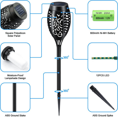 6 Pack, Solar Lights Outdoor Solar Torch Light with Flickering Flame, Waterproof Outdoor Lighting Solar Powered Pathway