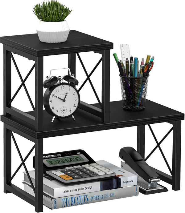 Honiter 2 Tier Desktop Organizer Shelf, Freestanding Small Bookshelf for Office Storage, Black Desk Display Rack