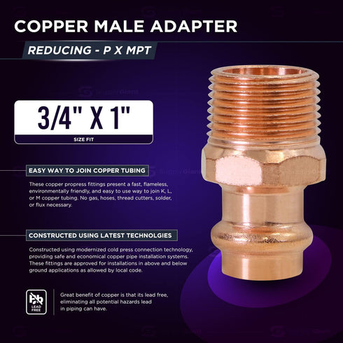 QDNB5632 Copper Male Reducing Adapter, 3/4 in. Press x 1 in. MPT