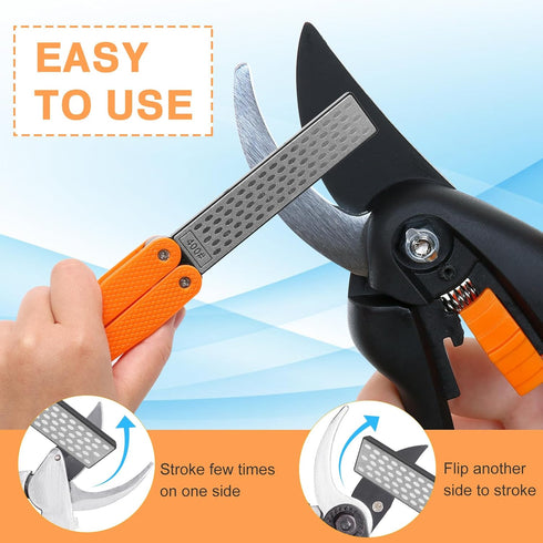 3PCS Garden Tool Sharpener, 2PCS Double-Sided Diamond Knife Sharpener and 1PCS Retractable Rod for Gardening