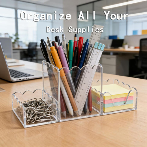 Set 3, YAGELI Clear Acrylic Desk Organizer of Magnetic Modular Pen Holder with Sticky Notes & Paperclip Tray, Aesthetic
