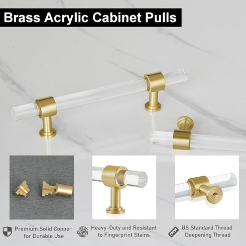 QOGRISUN 2-Pack Gold Modern Acrylic Cabinet Pulls with Brass Base, 3-3/4-inch Hole Center, 5.9-inch Total Length