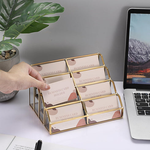 Hipiwe 8 Mirrored Glass Business Card Holder Gold Business Card Display Stand for Desk Multiple Clear Business Card