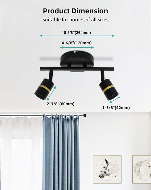 2-Light E26 Bulbs HiBay Track Lighting, Rotatable Ceiling or Wall Light Fixture, Modern Black Gold LED Spotlight Indoor