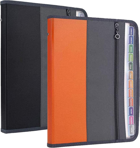 NAFY Expanding File Folders, 2 Pack 13 Pockets Document Organizer with Zipper, A4 Size, Black & Orange