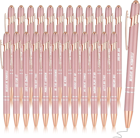 Yeaqee 24 Pcs Motivational Ballpoint Pens with Stylus Tip, Inspirational Black Ink Retractable Quotes Pen for Office