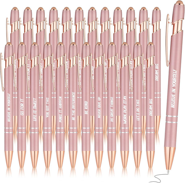 Yeaqee 24 Pcs Motivational Ballpoint Pens with Stylus Tip, Inspirational Black Ink Retractable Quotes Pen for Office