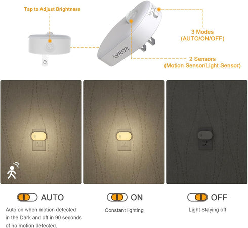 120LM 2 Pack Lyridz Plug in Night Light with Motion Sensor, Superior Bright Smart Mini LED Nightlight, Warm White