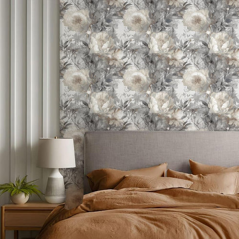 REDAMANCY 17.7"x236" Ivory Grey Peony Flower Watercolor Peel and Stick Wallpaper Modern Wall Paper Stick on Contact