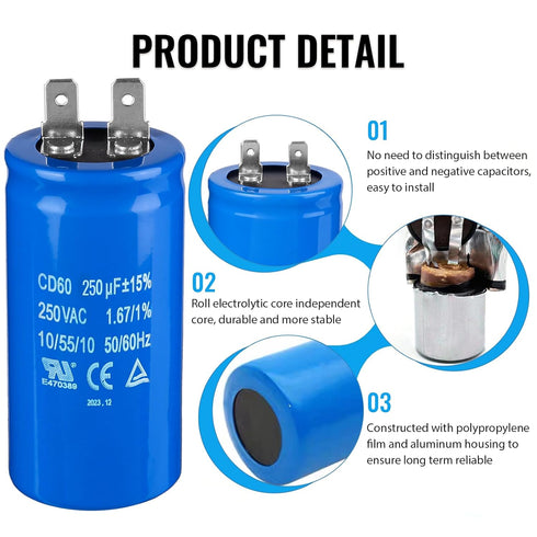 250uF/MFD CD60 Motor Start Capacitor, 250VAC 50/60Hz for Electric Motor Starting, 2 Pack