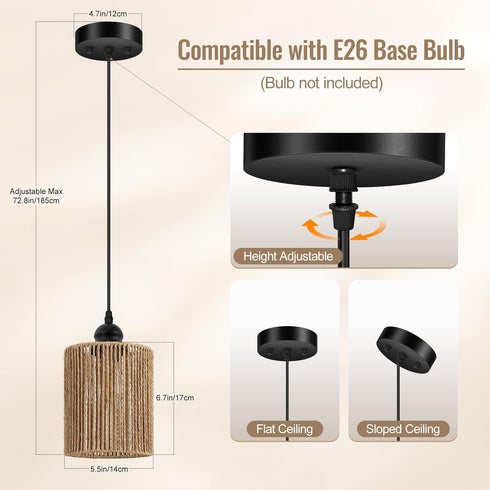 1 Pack, Bulb BoostArea Rattan Pendant Lights Kitchen Island, Farmhouse Chandelier with Handwoven Wicker Shade