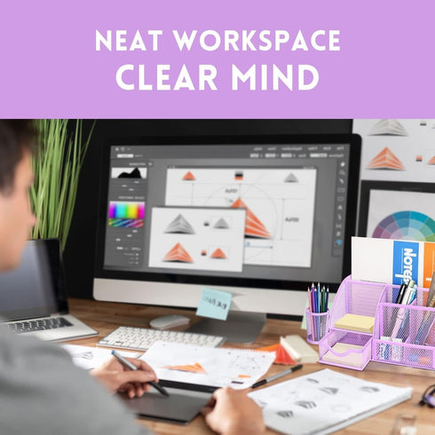 Flexzion Desk Top Caddy Organizer, Purple Office Desk Accessories with 6 Compartments, Drawer