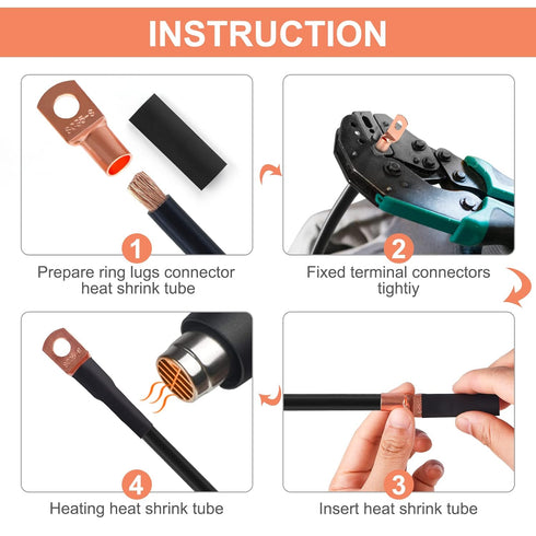 Copper Wire Lugs Terminal Connectors - 64Pcs Battery Cable Lugs Ends and 66Pcs Heat Shrink Tubing for AWG12 10 8 6 4 2
