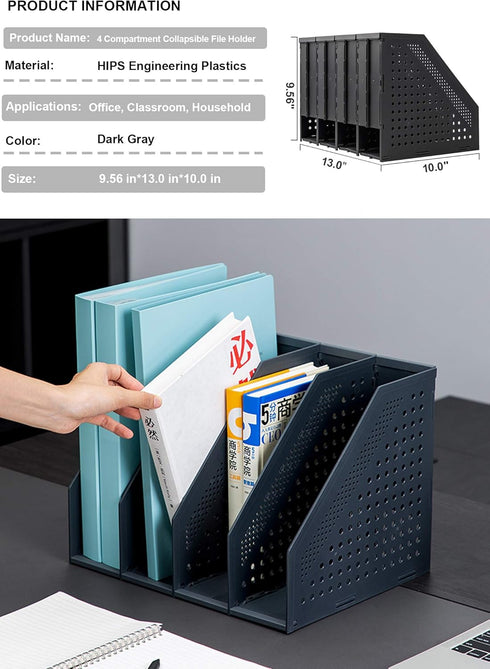 Leven Collapsible Magazine File Holder/Desk Organizer for Office Organization and Storage with 4 Vertical Compartments by Leven