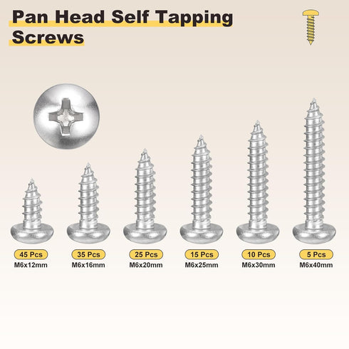 METALLIXITY Screws(M6) 135Pcs, 304 Phillips Pan Head Self Tapping Stainless Steel Self Drilling Screw Assortment Kit