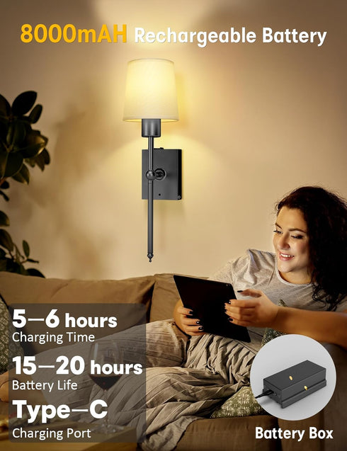 Set 2: 8000mAh Dimmable TOOWELL Battery Operated Wall Sconce of Black Rechargeable Wall Lights Fixtures LED with Remote