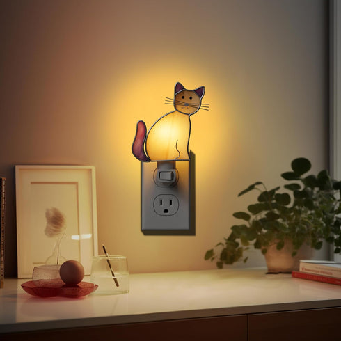 1-Pack 7W 3000K KY&BOSAM Stained Glass Cat Night Lights Plug into Wall Plug in Night Light Dusk to Dawn Warm White