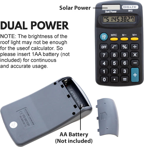 BAZIC 8 Digit Pocket Size Calculator, Dual Power Solar & Battery, LCD Display, Mini Small Basic Standard Function Calculators, Black Color, 1-Pack