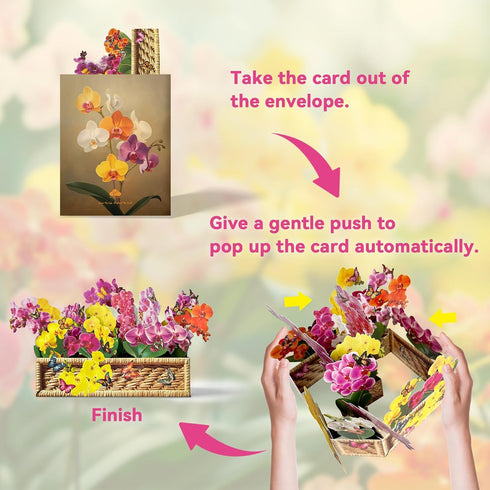 Pop Up Cards, Orchid Paper Flower Bouquet for Mother's Day,Birthday, Thank You, Encouragement, Get Well Gift with Note