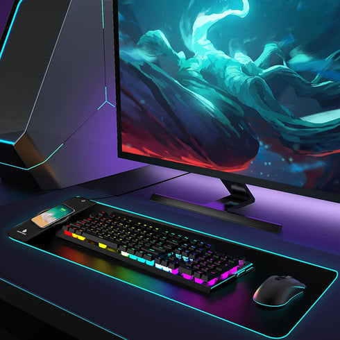 Wireless Mouse Pad Charging, Large Mouse Pad with 10 Lighting Modes for PC Keyboard Gaming Home & Office